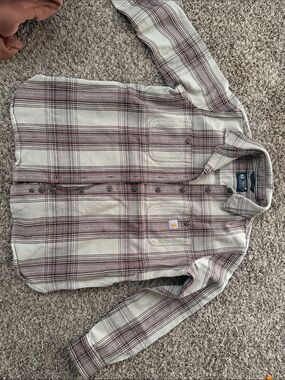 LIKE NEW ! Carhartt Wms Cream Plaid Button-Front Work Shirt with Brown Stripes
